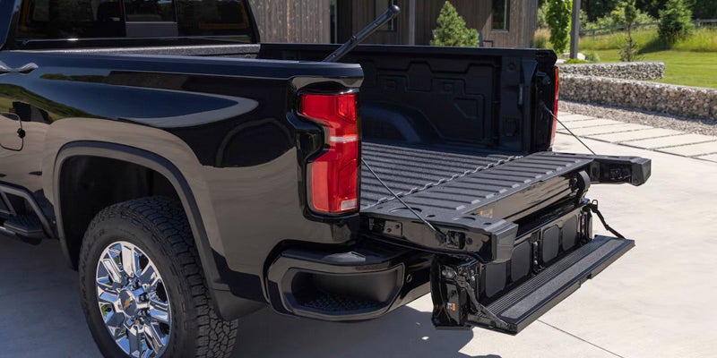 Tail gate down to showcase truck bed in a Chevrolet Silverado HD